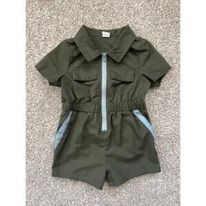 SHEIN Baby Utility Romper Olive Green Zip Front Cargo One Piece 12-18M